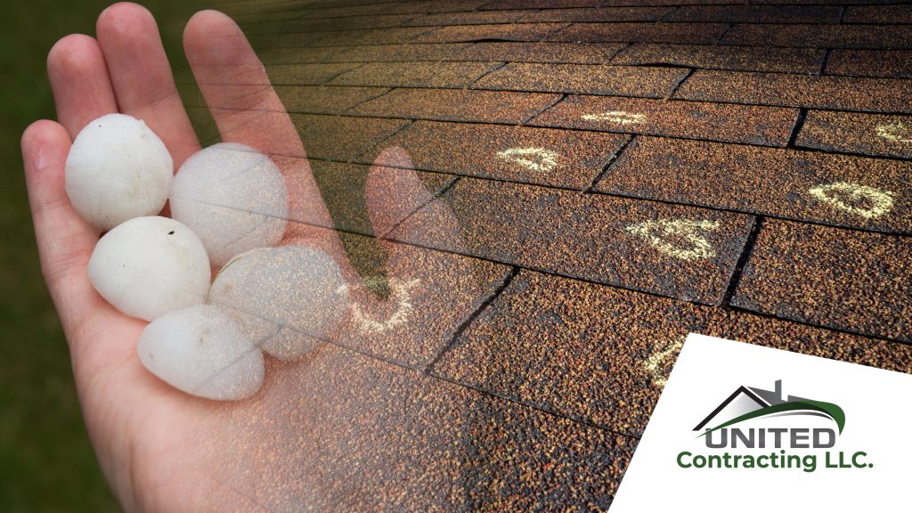 Close-up of hailstones in hand with visible hail impact marks on shingles, representing roof Hail damage