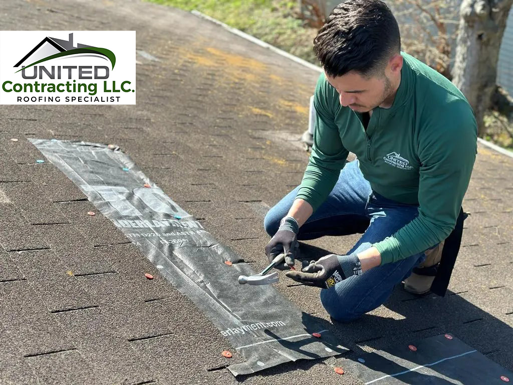 united contracting worker replacing shingle roof