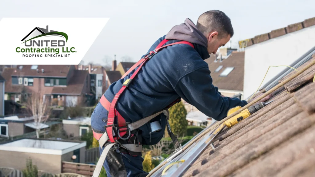 Professional roofer from United Contracting LLC repairing roof shingles with a drill while wearing safety gear on a residential rooftop.