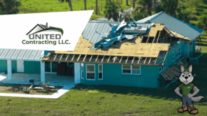 An aerial view of a family home with significant damage to the roof caused by a storm, showing sections of the roof completely missing and debris scattered around.
