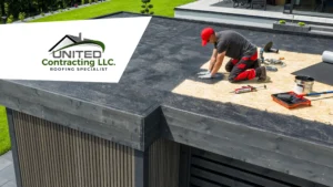 A skilled worker is installing a waterproofing system or roofing material on a flat roof, using specific tools and techniques to ensure proper adhesion and sealing.