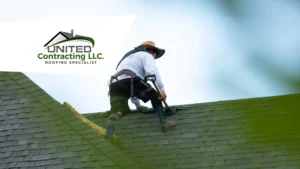 A skilled and professional worker is carrying out a detailed inspection and repair work on a roof. The image highlights the worker's concentration and technique, conveying the quality and reliability of the service offered by United Contracting.