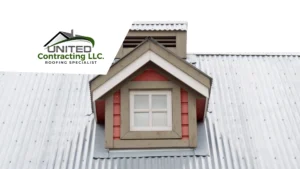 The view of a residential house with a modern exposed metal roof, notable for its durability and distinctive design.
