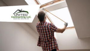 A skilled worker is carefully installing a skylight. Securing the frame and structure to allow natural light to enter the interior.