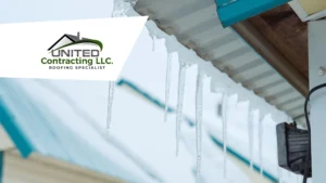 Informative image about preventing damage to your home. It shows a section of a house roof during winter with ice dams forming in Kentucky.