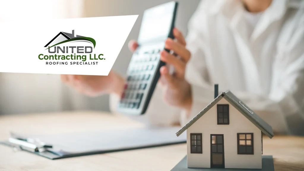 Close-up of a person holding a calculator, with a small model house on a table and a contract beside it. Logo of United Contracting LLC appears, conveying a professional roofing theme.