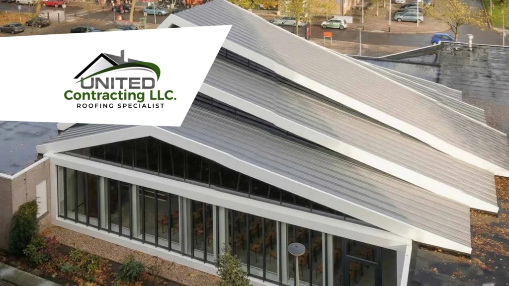 A modern building with a unique, tiered roof design, viewed from above. The logo for "United Contracting LLC, Roofing Specialist" overlays the top left corner.