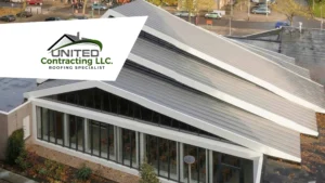 A modern building with a unique, tiered roof design, viewed from above. The logo for "United Contracting LLC, Roofing Specialist" overlays the top left corner.