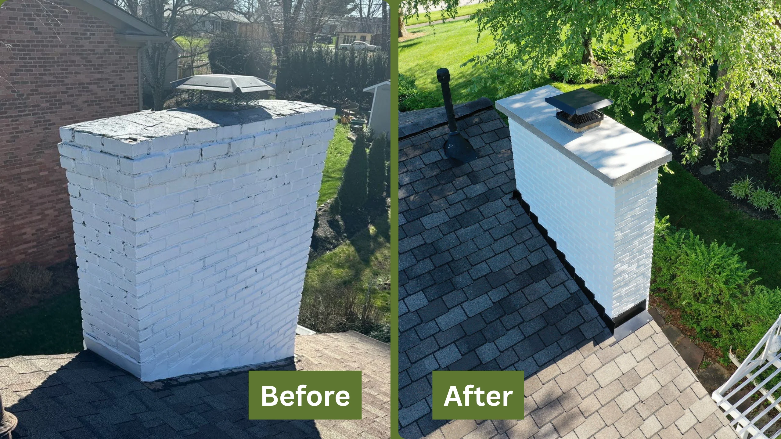 Split image showing a chimney before and after repairs. Left: weathered bricks with worn paint. Right: refreshed, smooth white finish with a sleek cap. Text labels: "Before" and "After."