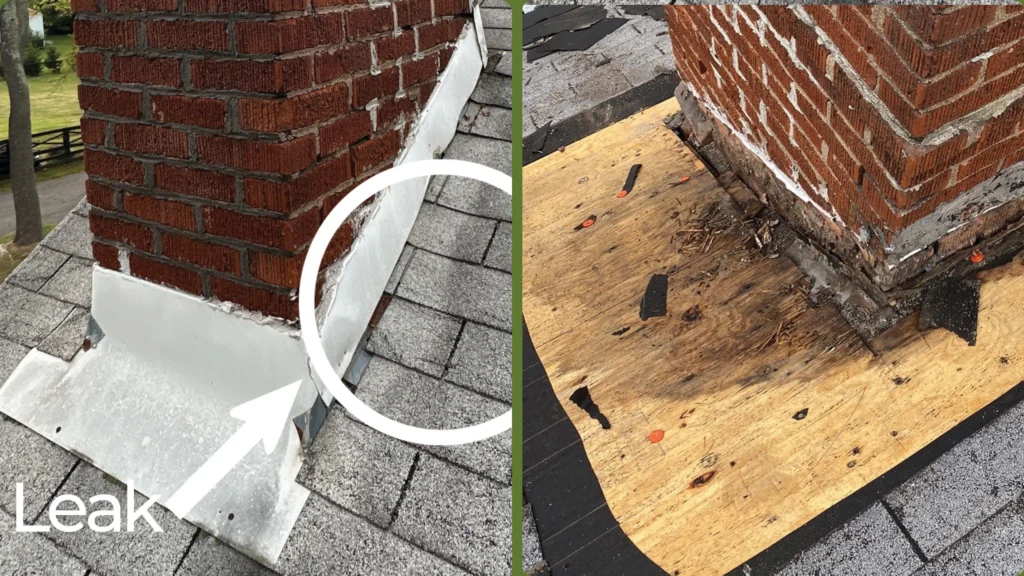 Two images showing a brick chimney on a gray shingled roof. The image highlights a leak area, right image shows damaged shingles removed, exposing plywood.