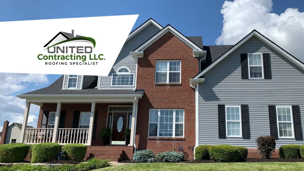 Spacious house with brick and gray siding under a blue sky with clouds. Foreground features logo for United Contracting LLC, Roofing Specialist.