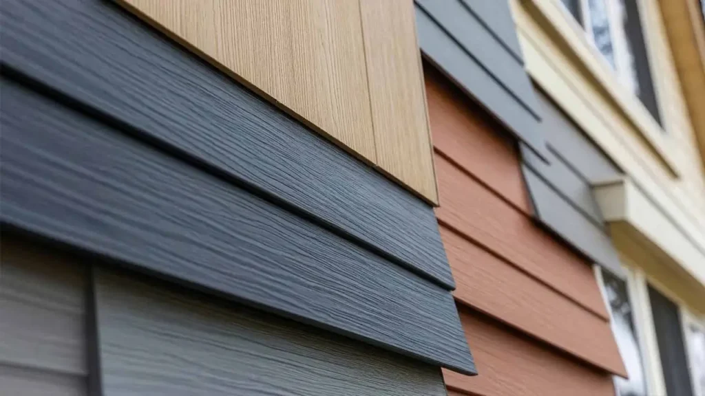 Close-up of a multicolored house exterior with overlapping wood siding in shades of black, brown, and beige, creating a modern, textured look.