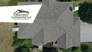Aerial view of a house with a complex roof design surrounded by greenery. The logo of United Contracting LLC, a roofing specialist, is overlaid.