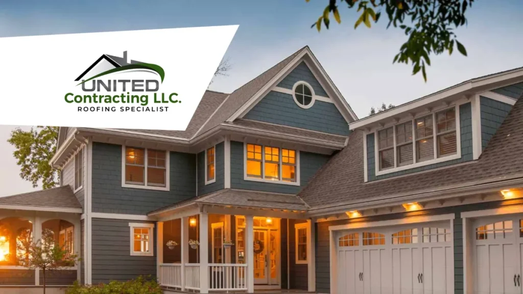 Elegant two-story house with warm lighting at dusk, featuring blue siding and a porch. "United Contracting LLC. Roofing Specialist" logo in corner.