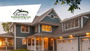 Elegant two-story house with warm lighting at dusk, featuring blue siding and a porch. "United Contracting LLC. Roofing Specialist" logo in corner.