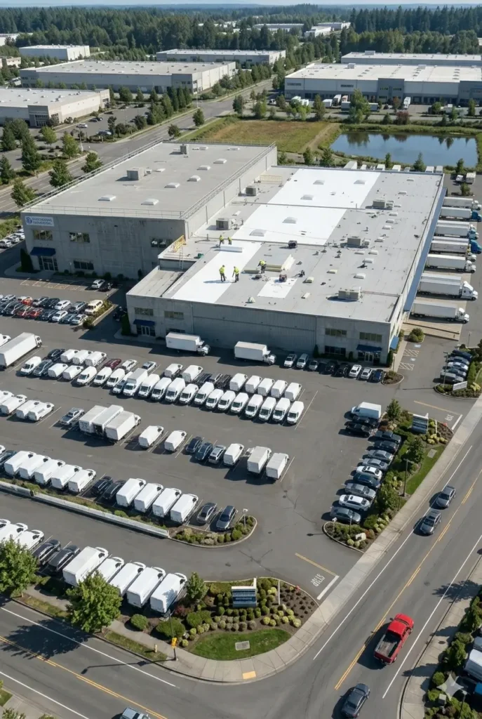 Aerial view of a large Kentucky warehouse or distribution center with numerous white delivery vans parked outside, several workers on the roof providing emergency commercial roofing service, and surrounding industrial buildings and landscaped areas.