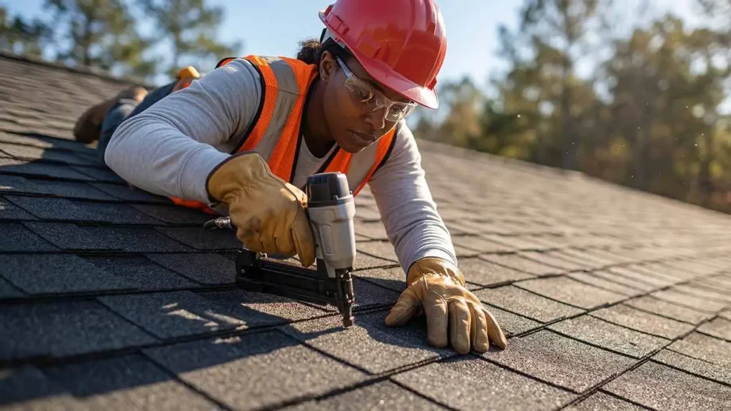 A person in an orange safety vest and helmet uses a nail gun on a shingled roof, focusing intently. Trees in the background suggest a sunny day.