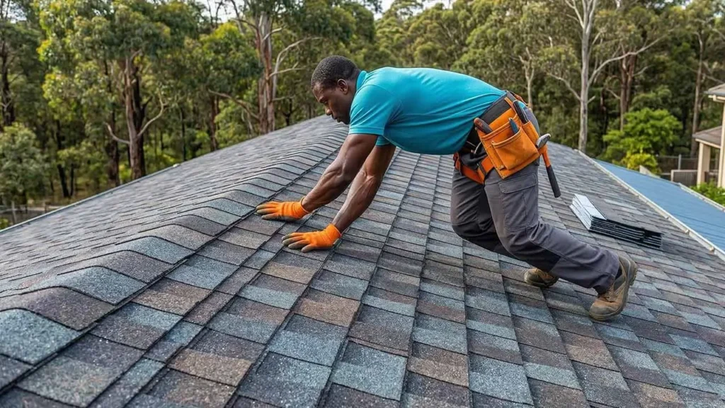 A roofer in a turquoise shirt and orange gloves carefully installs shingles on a sloped roof surrounded by trees, conveying diligence and craftsmanship.